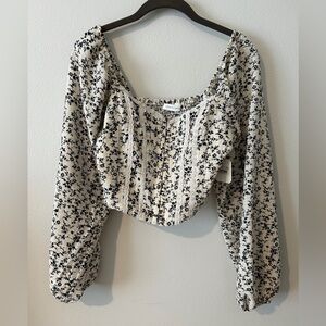 Altar'd State Cream and Black Floral Cropped Puff-Sleeve Top